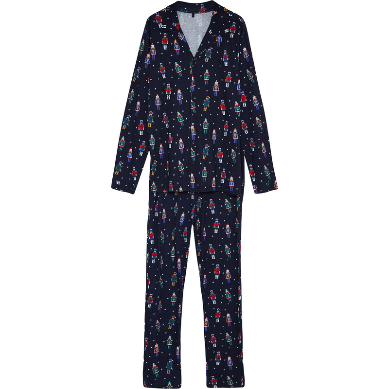 Trendyol Navy Blue Christmas Themed Shirt Collar Regular Fit Knitted Pajamas Set