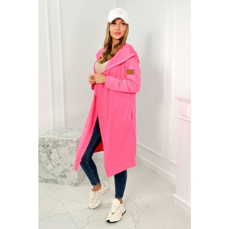 MladaModa Dlouhý kardigan s kapucí a kapsami model 9077 neonově růžový