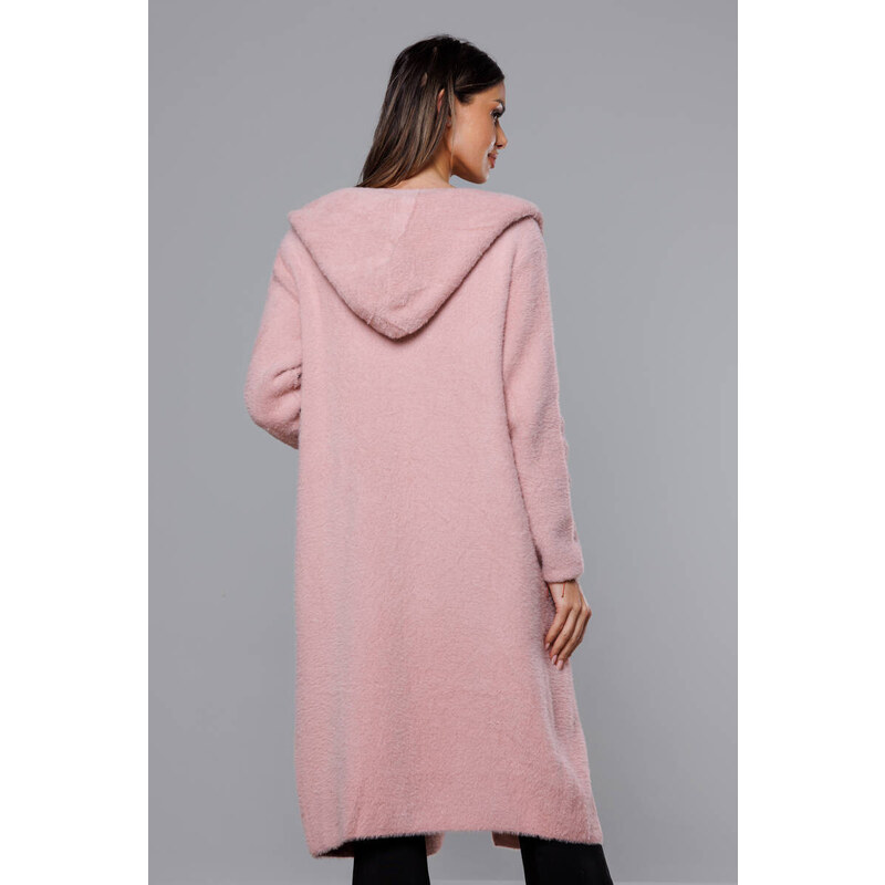 MADE IN ITALY Dlouhý vlněný přehoz přes oblečení typu alpaka v bledě růžové barvě s kapucí (M105-1)