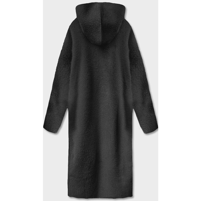 MADE IN ITALY Dlouhý černý vlněný přehoz přes oblečení typu alpaka s kapucí (M105-1)