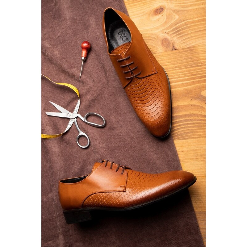 Ducavelli Croco Genuine Leather Men's Classic Shoes, Derby Classic Shoes, Lace-Up Classic Shoes.