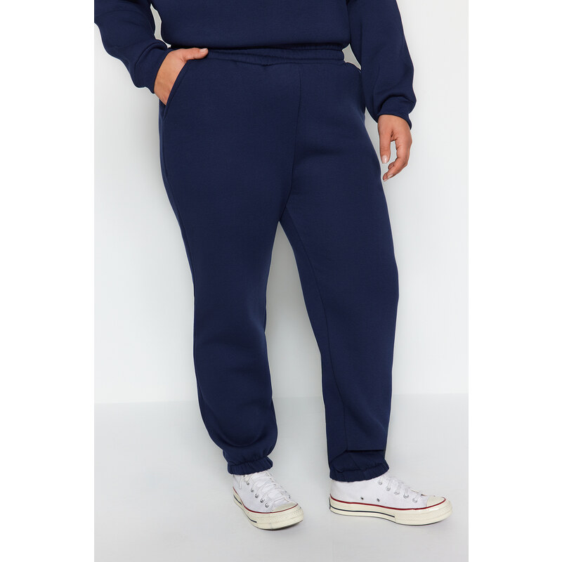 Trendyol Curve Navy Blue Tlusté fleecové pletené tepláky