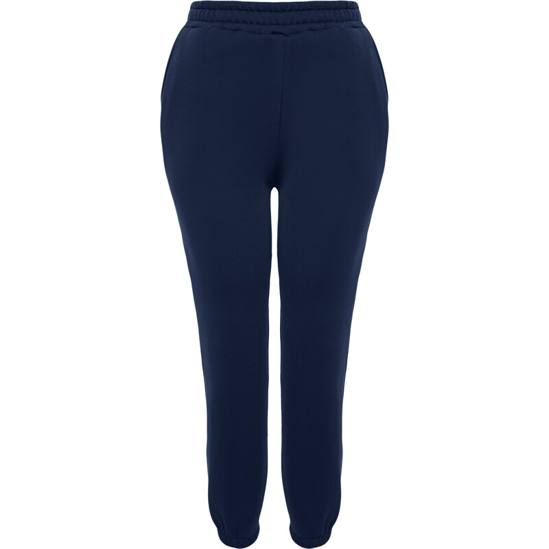 Trendyol Curve Navy Blue Tlusté fleecové pletené tepláky