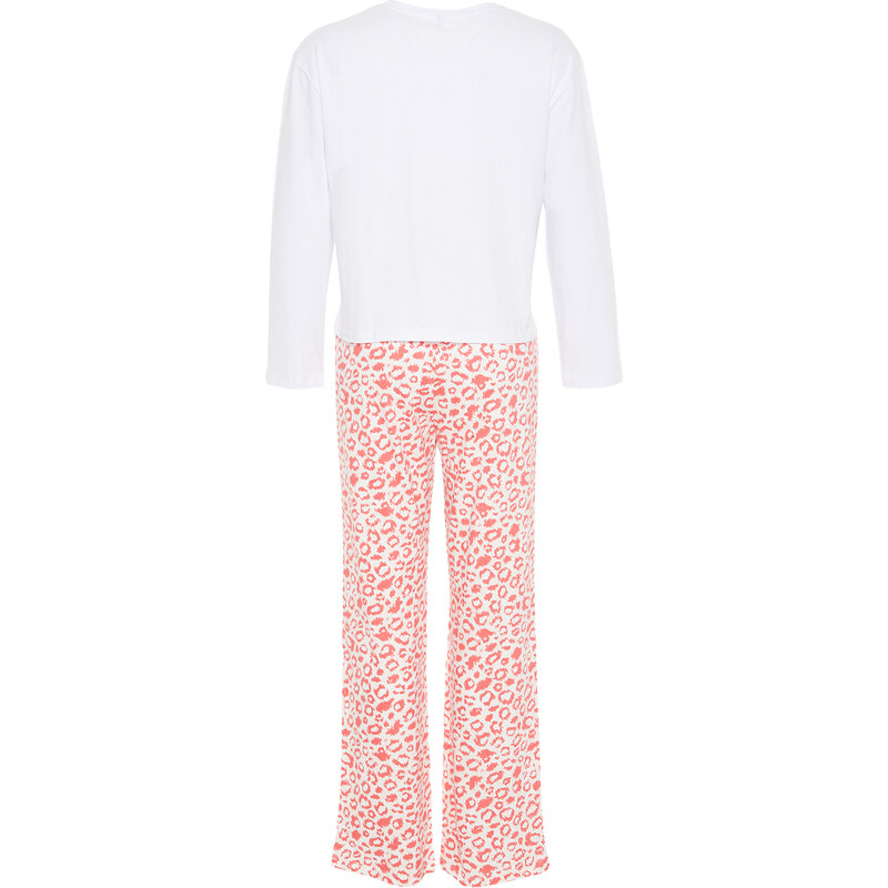 Trendyol Powder 100% Cotton Leopard Print T-shirt-Pants and Knitted Pajamas Set