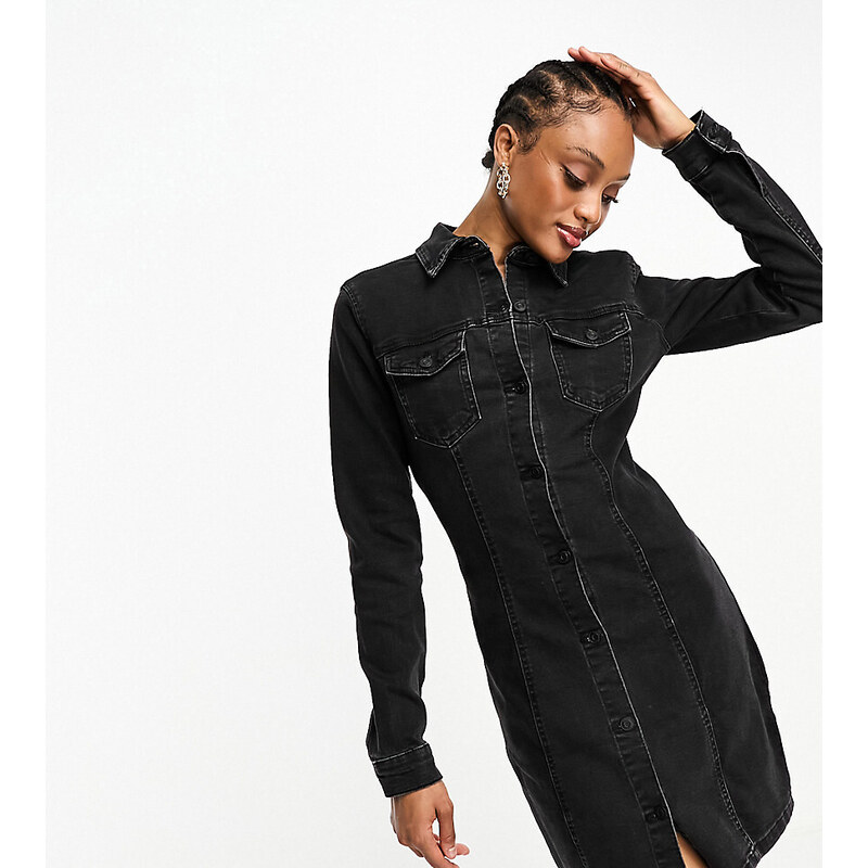 ASOS Tall ASOS DESIGN Tall denim fitted shirt dress in black 100061788
