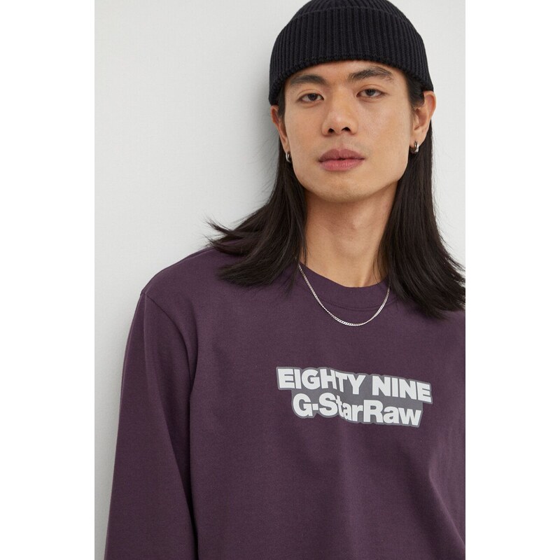 Bavlněné tričko s dlouhým rukávem G-Star Raw fialová barva, s potiskem