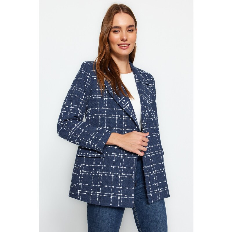 Trendyol Navy Tweed Regular Woven Plaid Blazer Jacket