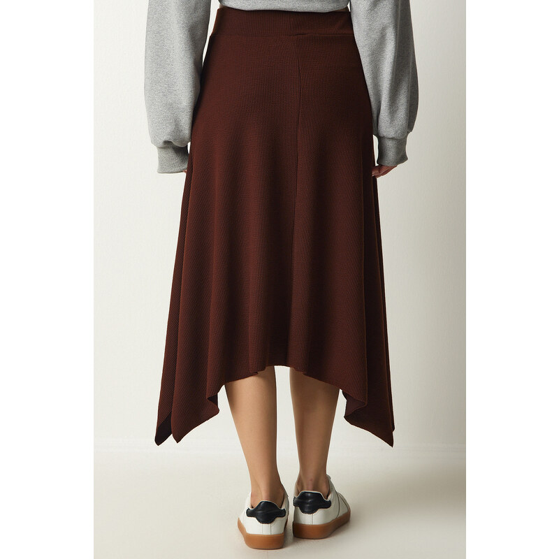 Happiness İstanbul Women's Brown Asymmetrical Cut Corduroy Knitted Skirt