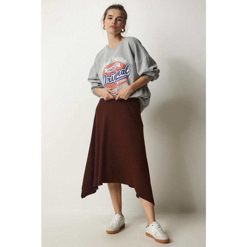 Happiness İstanbul Women's Brown Asymmetrical Cut Corduroy Knitted Skirt