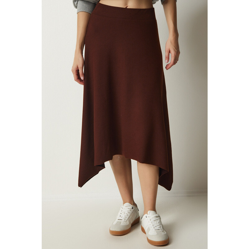 Happiness İstanbul Women's Brown Asymmetrical Cut Corduroy Knitted Skirt