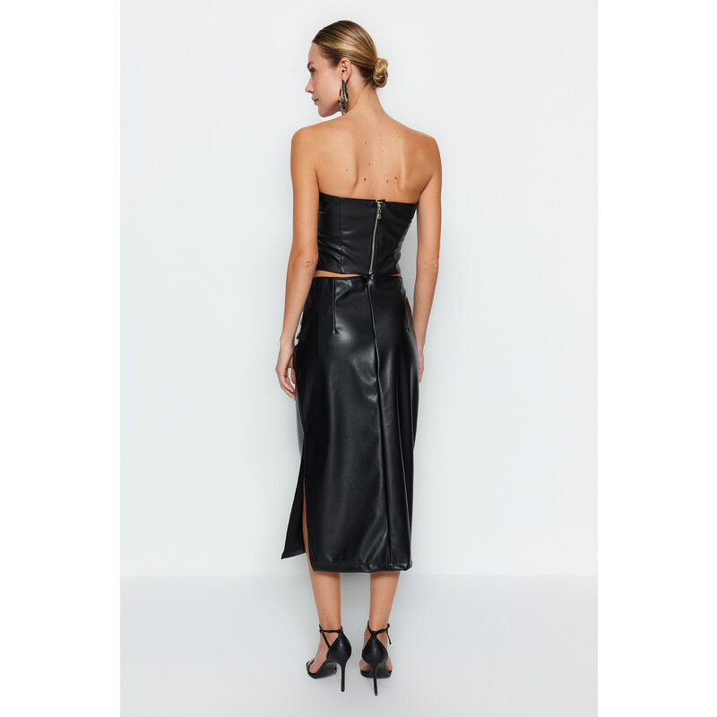 Trendyol Black Faux Leather Midi Skirt