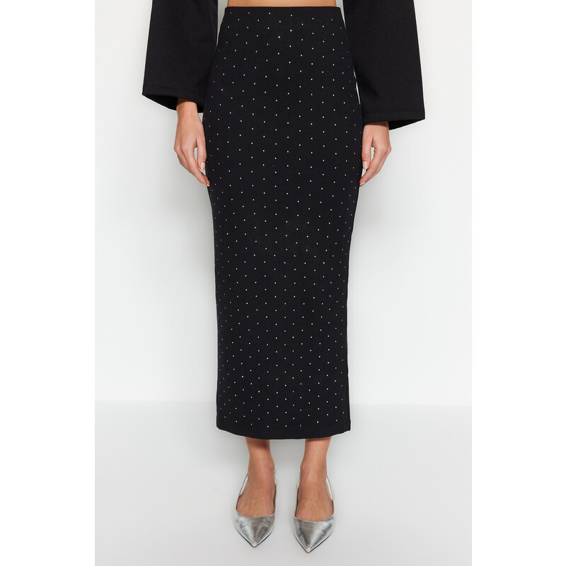 Trendyol Black Sticky Stone Midi Knitted Skirt