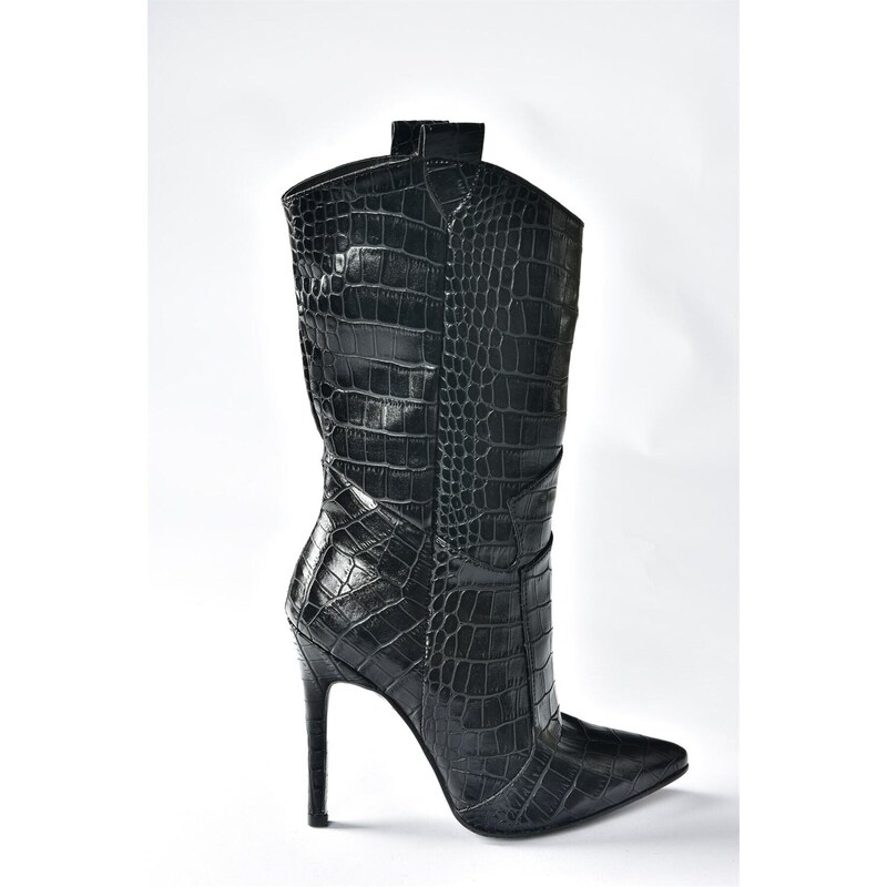 Fox Shoes Women's Black Crocodile Print High Thin Heeled Boots