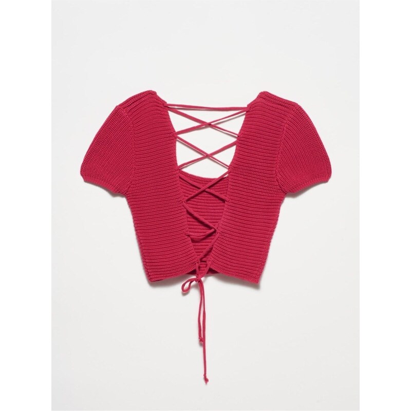 Dilvin Fuchsia Square Neck Laced Back Short Sleeve Sweater