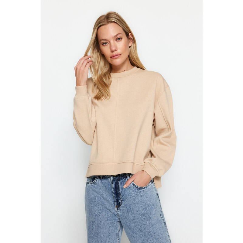 Trendyol Beige More Sustainable Thick, Fleece Inside, Stand-Up Collar Loose Knitted Sweatshirt