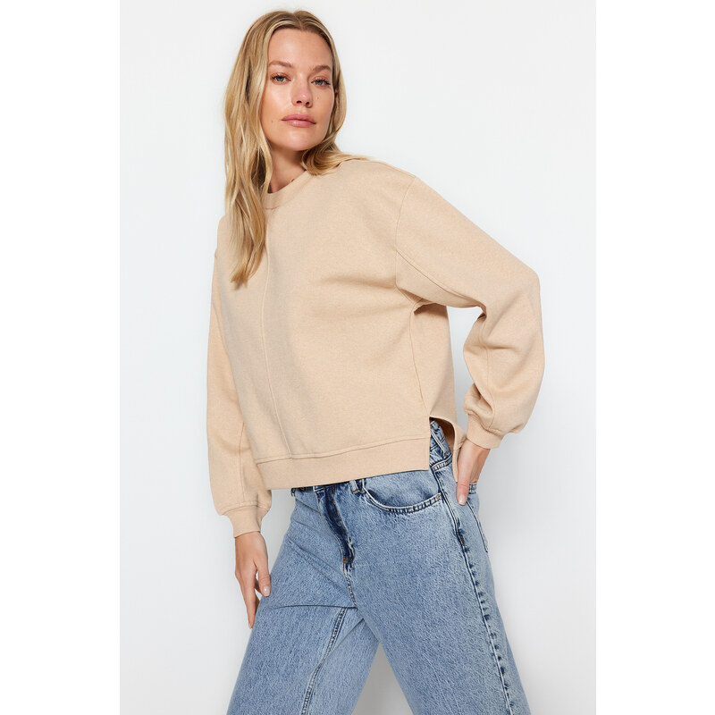 Trendyol Beige More Sustainable Thick, Fleece Inside, Stand-Up Collar Loose Knitted Sweatshirt