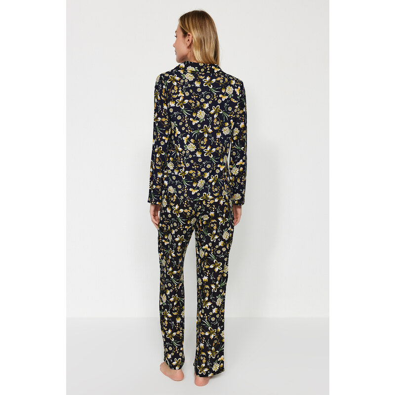 Trendyol Black Floral Pattern Viscose Shirt-Pants Woven Pajamas Set