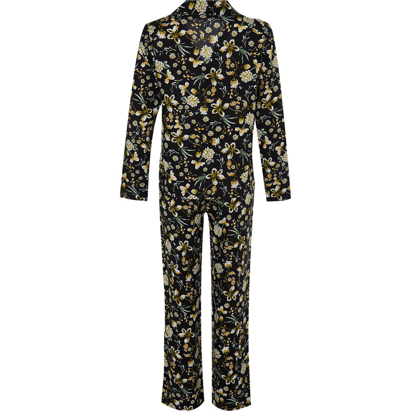 Trendyol Black Floral Pattern Viscose Shirt-Pants Woven Pajamas Set