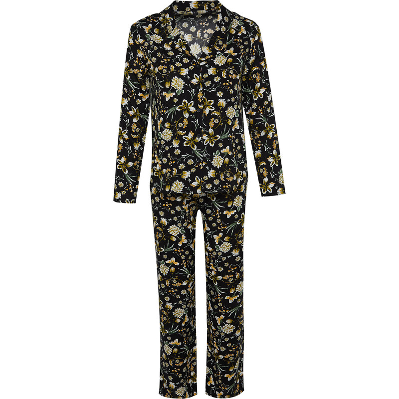 Trendyol Black Floral Pattern Viscose Shirt-Pants Woven Pajamas Set