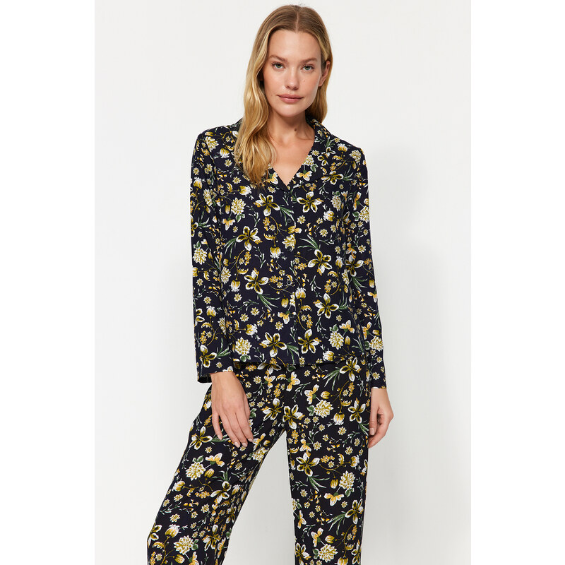 Trendyol Black Floral Pattern Viscose Shirt-Pants Woven Pajamas Set