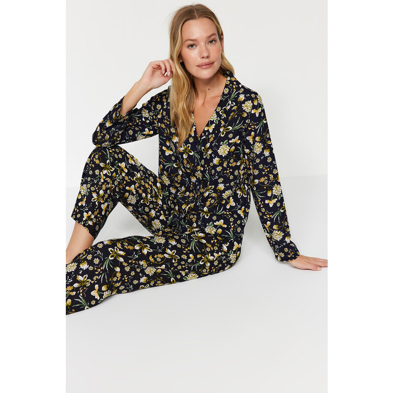 Trendyol Black Floral Pattern Viscose Shirt-Pants Woven Pajamas Set