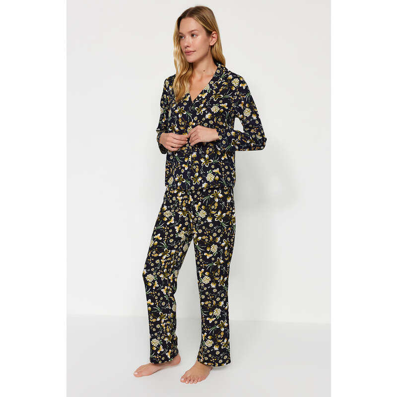 Trendyol Black Floral Pattern Viscose Shirt-Pants Woven Pajamas Set