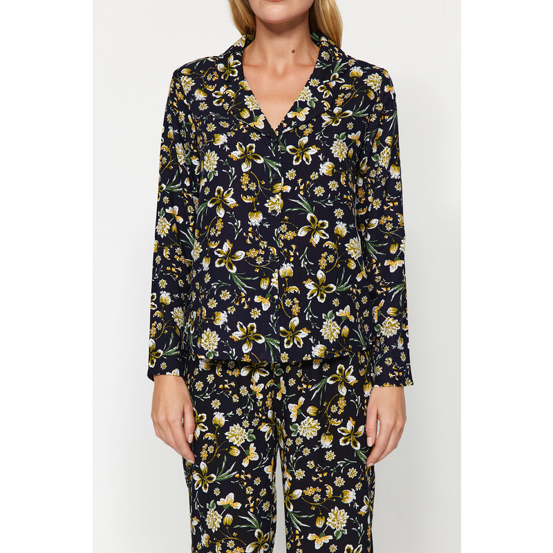 Trendyol Black Floral Pattern Viscose Shirt-Pants Woven Pajamas Set