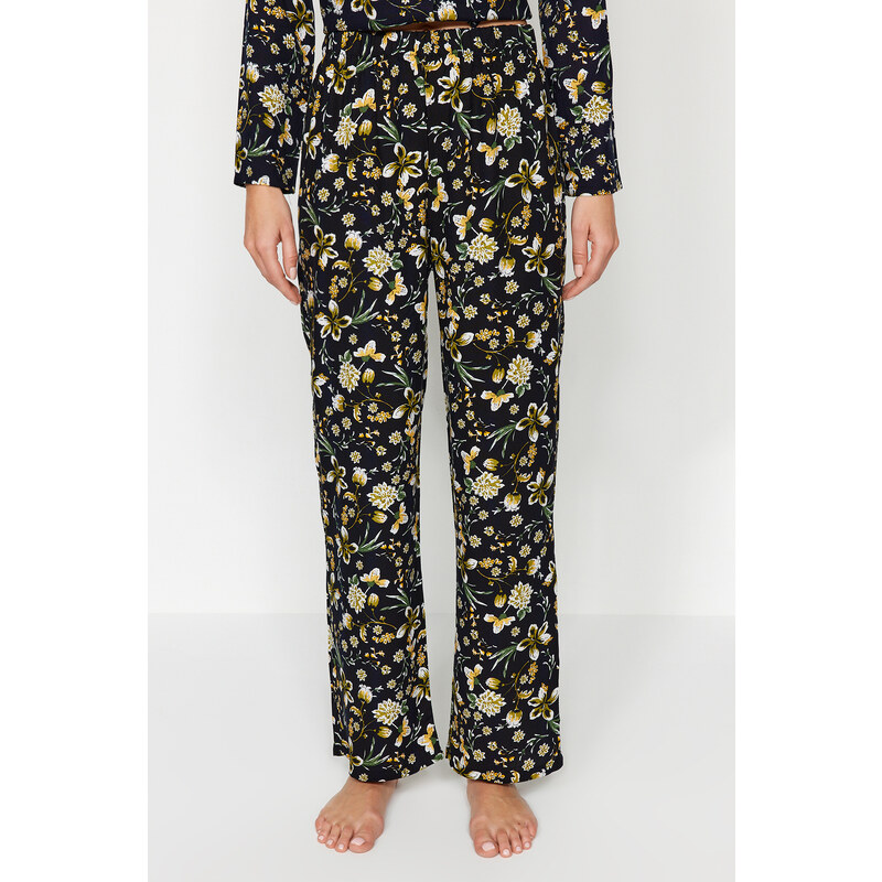 Trendyol Black Floral Pattern Viscose Shirt-Pants Woven Pajamas Set