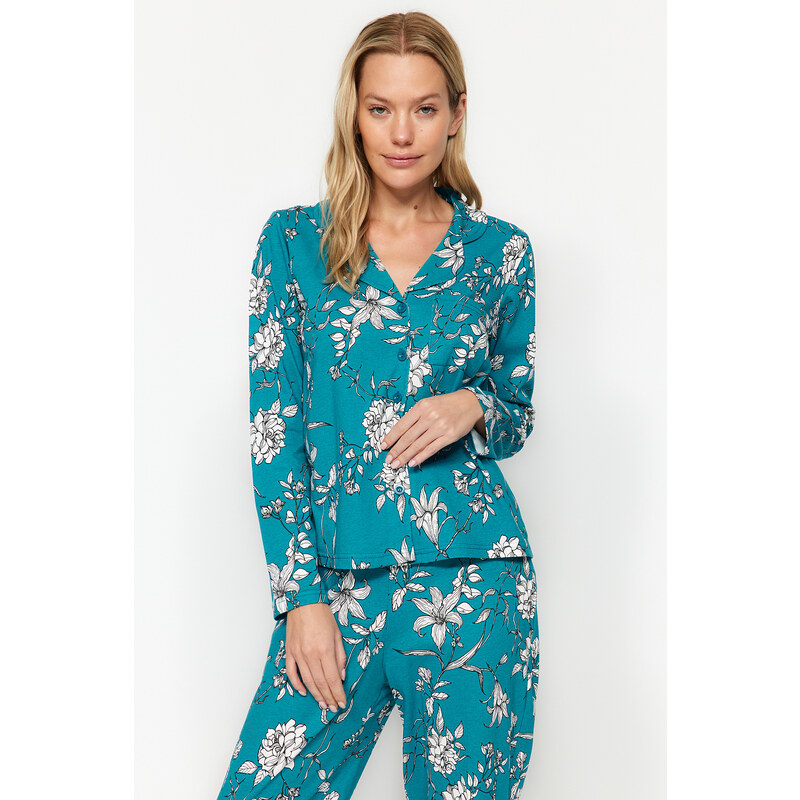 Trendyol Petrol 100% Cotton Floral Pattern Shirt-Pants and Knitted Pajamas Set