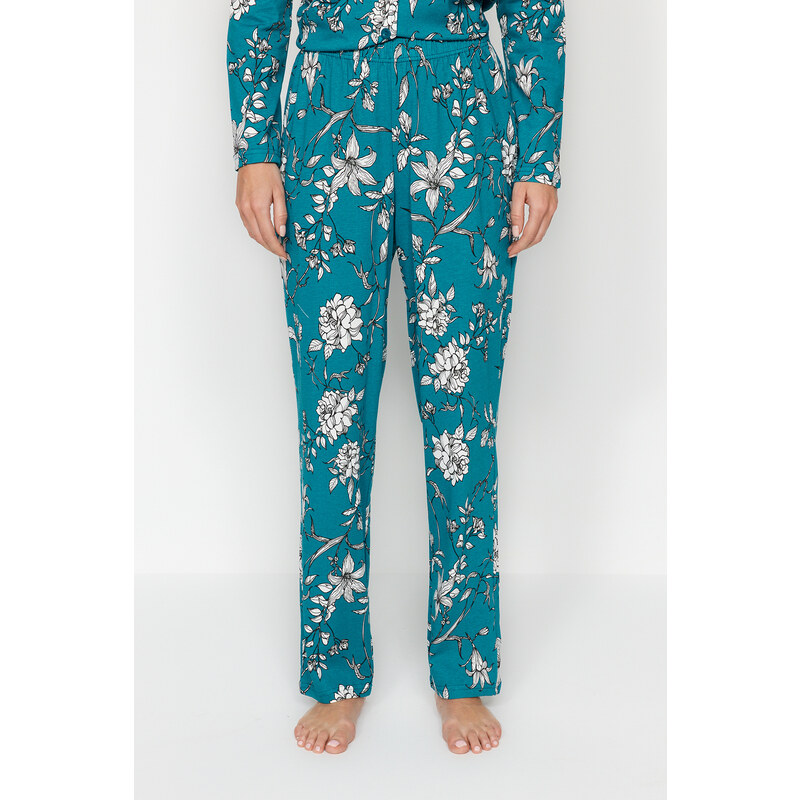 Trendyol Petrol 100% Cotton Floral Pattern Shirt-Pants and Knitted Pajamas Set
