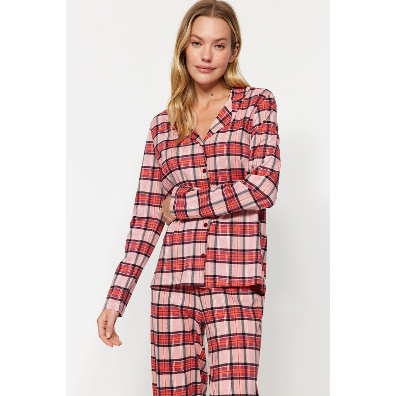 Trendyol Red 100% Cotton Plaid/Checked Shirt-Pants Knitted Pajama Set