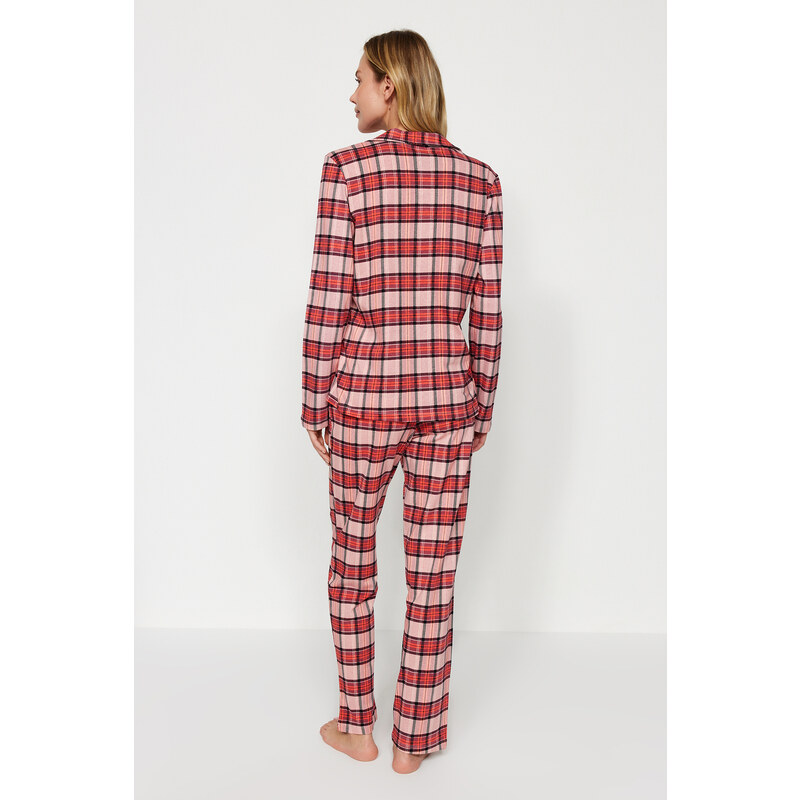 Trendyol Red 100% Cotton Plaid/Checked Shirt-Pants Knitted Pajama Set