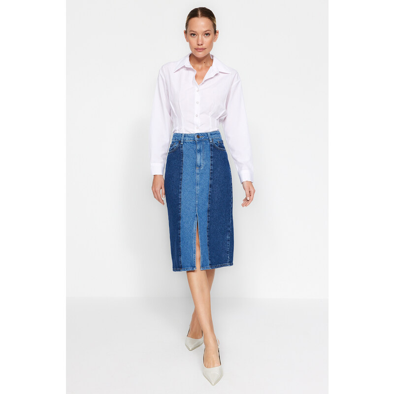 Trendyol Blue Color Block Midi Denim Skirt