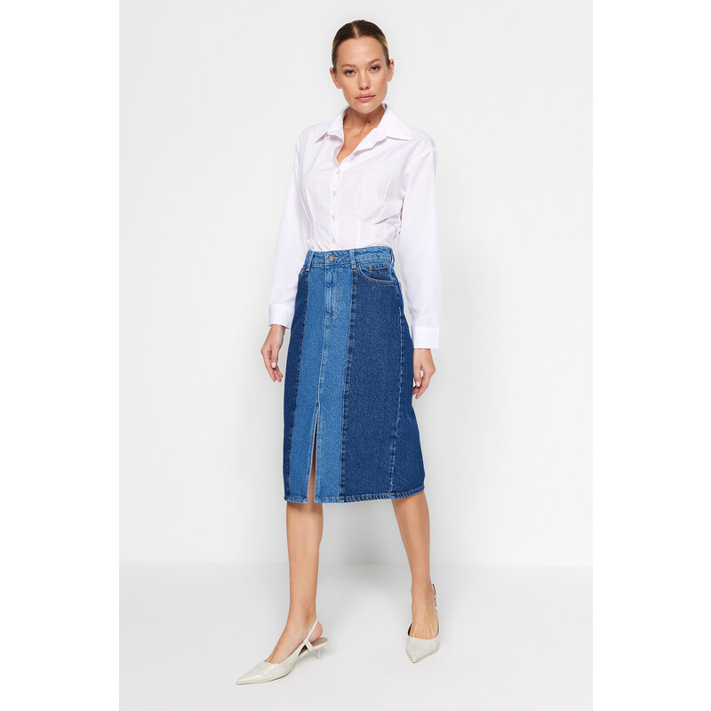 Trendyol Blue Color Block Midi Denim Skirt