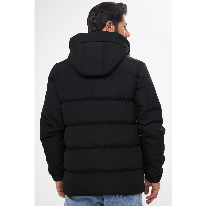 D1fference Men's Black Thick Lined Hooded Water and Windproof Puffer Winter Coat