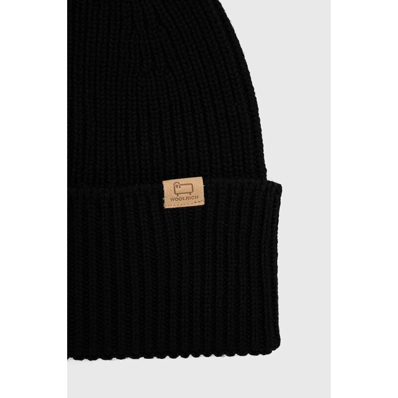 Vlněná čepice Woolrich černá barva, z tenké pleteniny