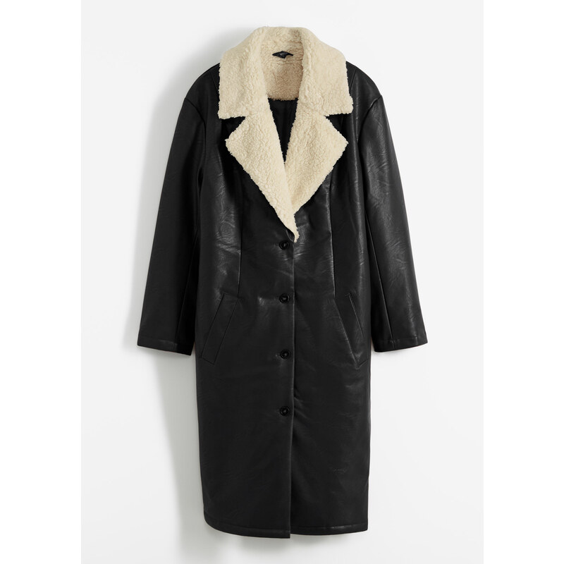 bonprix Vatovaný kabát z umělé kůže s límcem z medvídkové kožešiny Černá