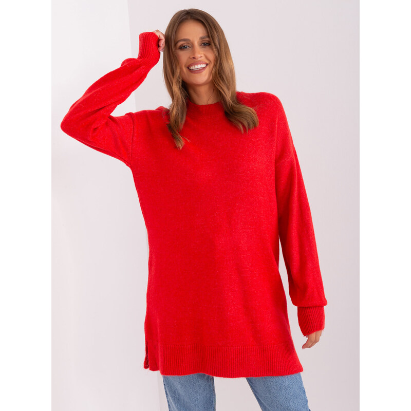 Fashionhunters Červený oversize svetr s kulatým výstřihem