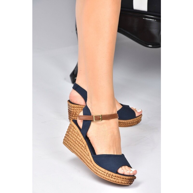 Fox Shoes Women's Navy Blue Linen Wedge Heeled Shoes