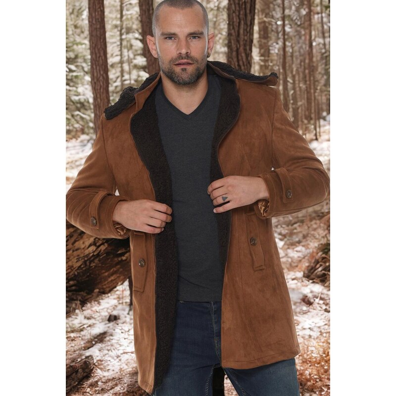 PLT8399 DEWBERRY SUEDE LOOK MEN'S COAT-PLAIN CAMEL