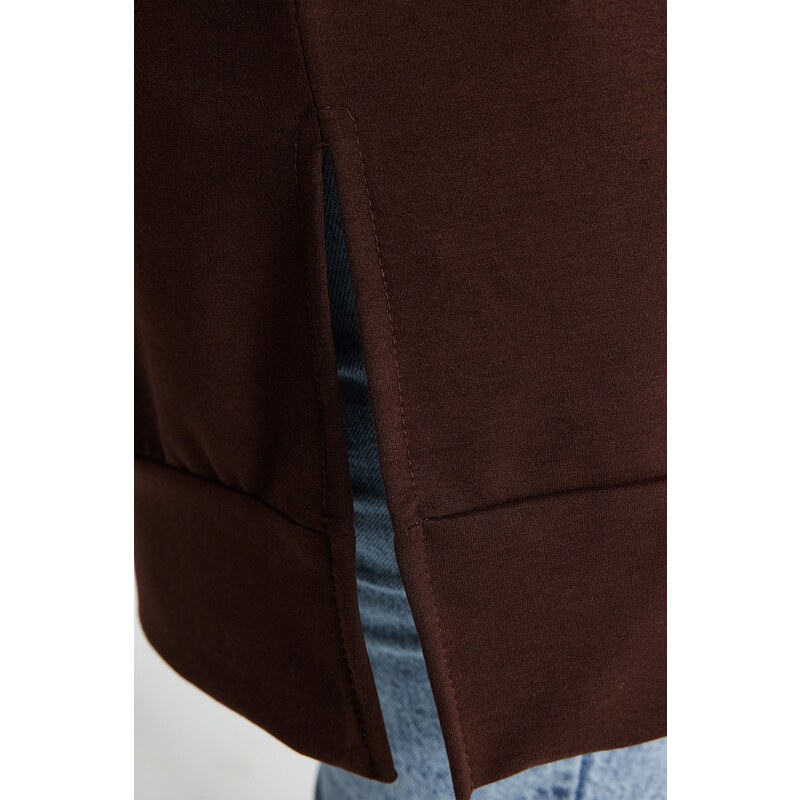 Trendyol Curve Brown Slit Detailed Thin Knitted Sweatshirt