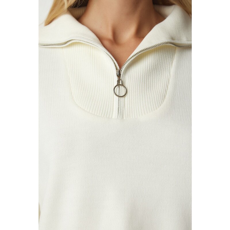 Happiness İstanbul Women's Bone Zipper Collar Basic Knitwear Sweater