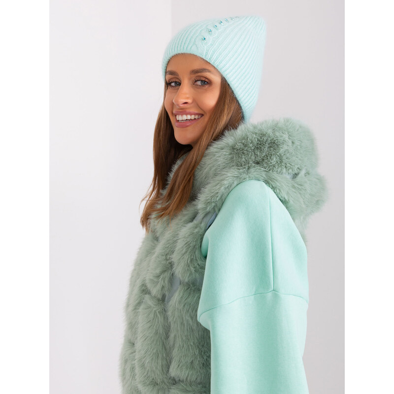 Fashionhunters Mint pletená zimní čepice s aplikací