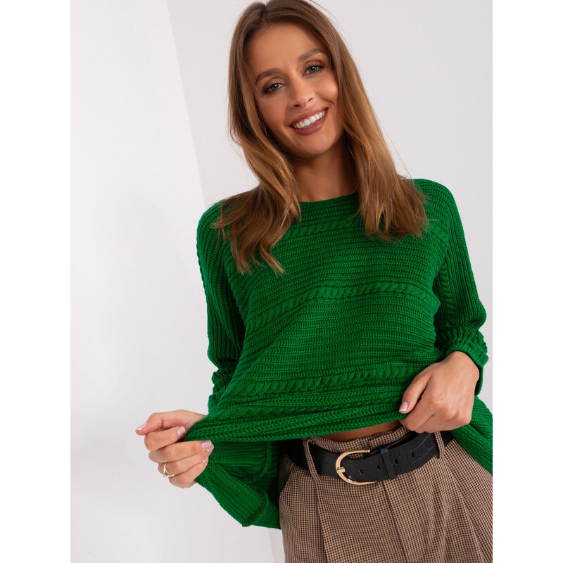 Fashionhunters Zelený dámský klasický svetr s copánky