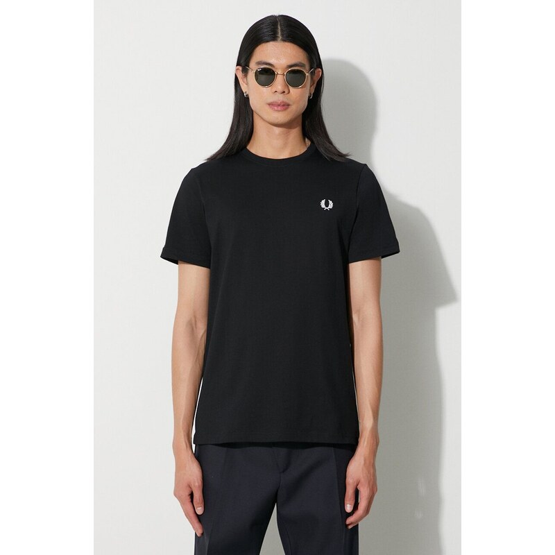 Bavlněné tričko Fred Perry černá barva, s aplikací, M1600.102