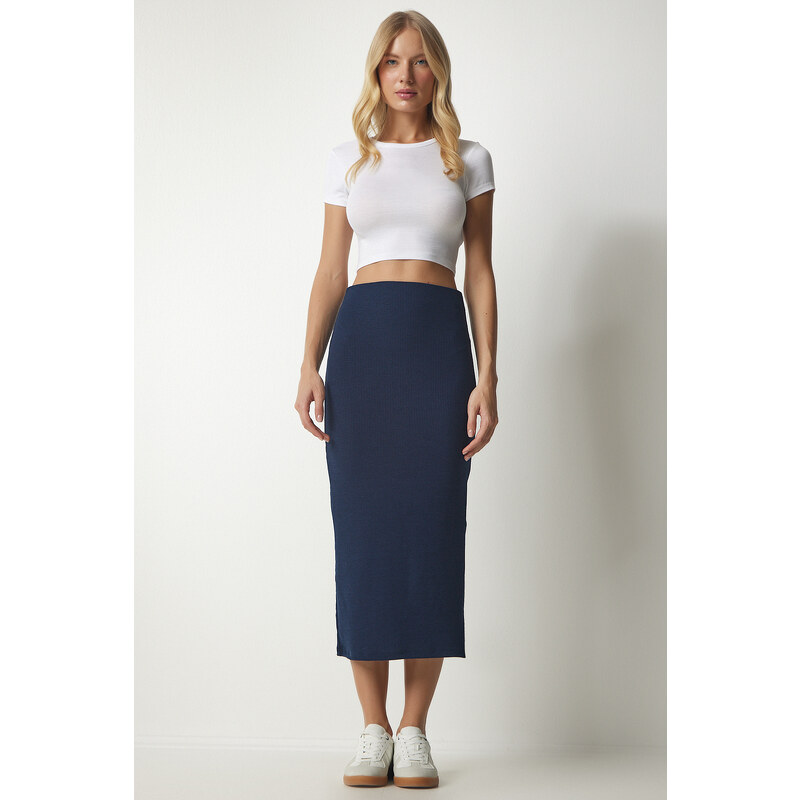 Happiness İstanbul Women's Navy Slotted Ribbed Knitted Pencil Skirt
