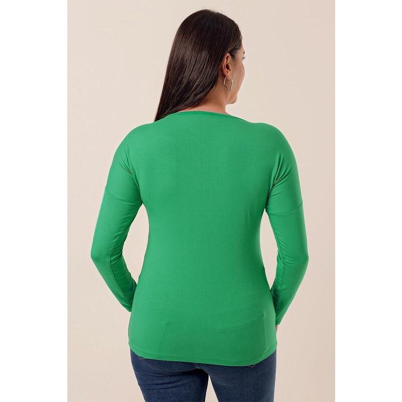 By Saygı V-Neck Laser Cut Tulle Detailed Lycra Blouse Green