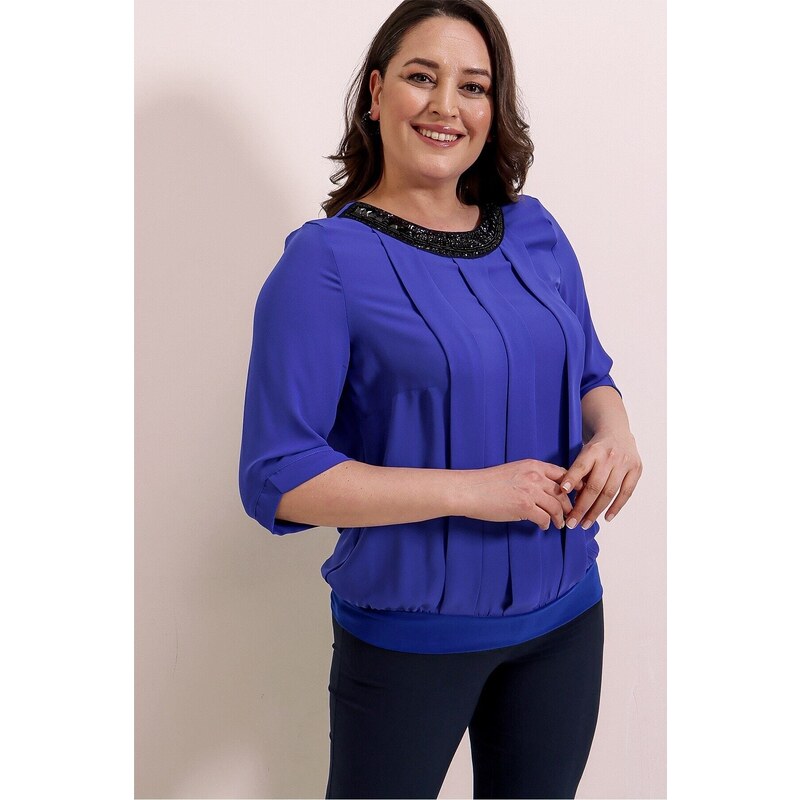 By Saygı Plus Size Chiffon Blouse with Beaded Collar and Front Pleated