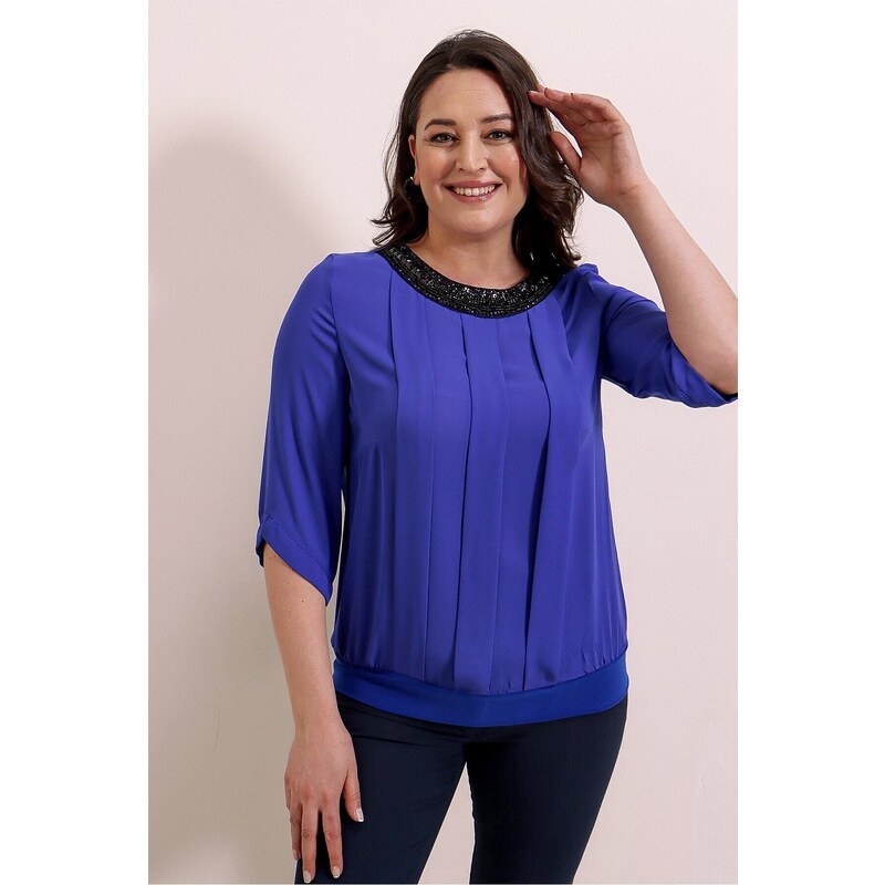 By Saygı Plus Size Chiffon Blouse with Beaded Collar and Pleated Front