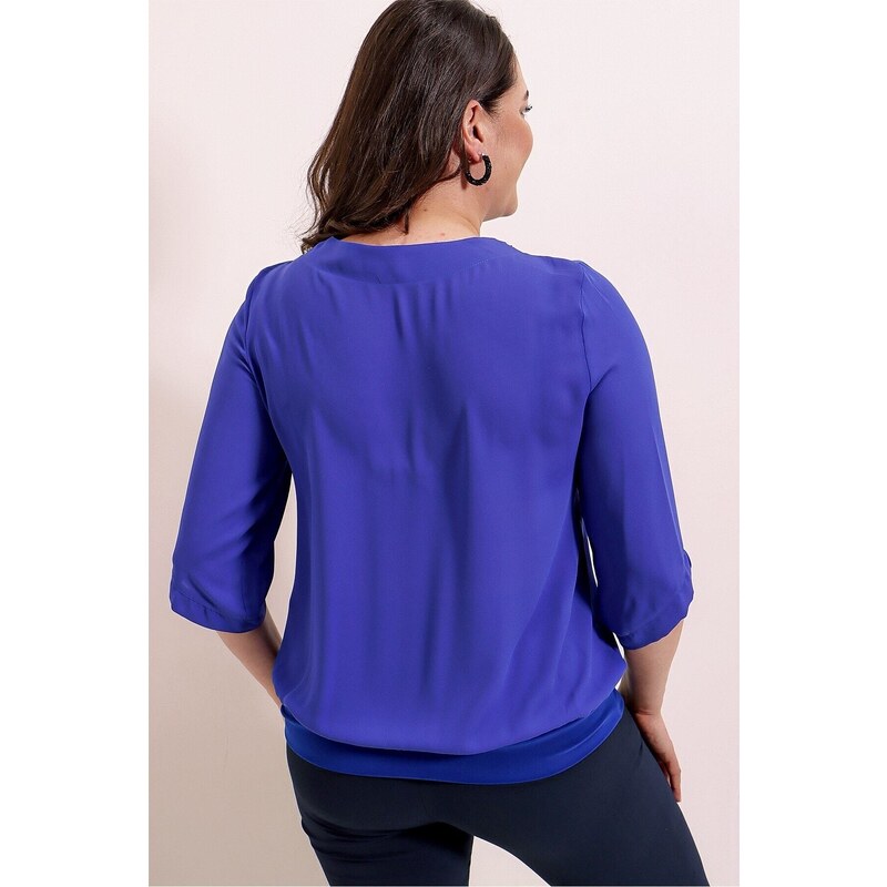 By Saygı Plus Size Chiffon Blouse with Beaded Collar and Pleated Front